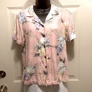 VTG Retro Caribbean Joe Hawaiian Button Up Shirt Pastel Pink Yellow Multi Size M